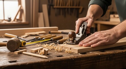 Carpenter planing a wooden plank in a workshop with various tools around