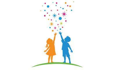 Children Silhouettes Reaching Up to Colorful Stars and Magic Sparks - Childhood, Fun, Imagination, Education, Hope, and Inspiration Vector Illustration