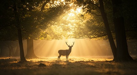 Majestic deer in a sunlit forest with glowing rays of light streaming through trees
