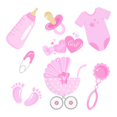  Vector set of baby shower accessories in soft pink tones. Stroller, bottle, pacifier, rattle, bodysuit, pin on white background. Perfect for newborn invitations, cards, and gender reveal design.