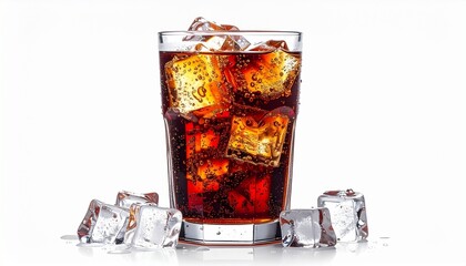 Clear glass of dark cola with sharp ice cubes and visible bubbles on white background&mdash;symbolizing refreshment, clarity, and the effervescent choreography of chill and allure.
