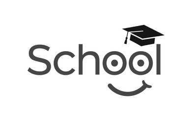 Happy School Logo Design with Smiling Face and Graduation Cap Icon - Creative Education, Learning, and Fun Concept Vector Illustration