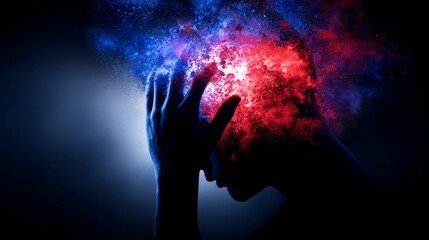 Silhouette of a man with exploding blue and red powder head, dramatic emotional concept for mental health and stress