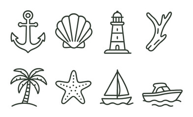 Nautical icons: anchor, shell, lighthouse, coral, palm, starfish, sailboat, motorboat