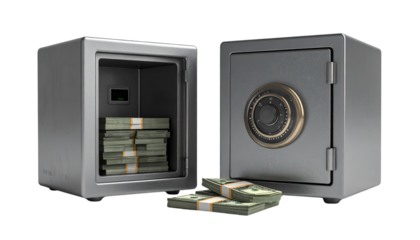  Two safe box with money variations isolated on transparent background