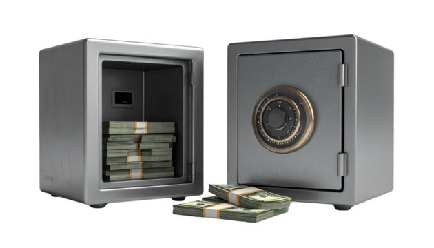  Two safe box with money variations isolated on transparent background