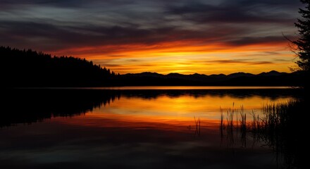 Obraz premium Vibrant Sunset Reflection on Serene Lake