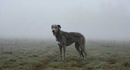 Majestic dog standing in a field early morning fog copy space