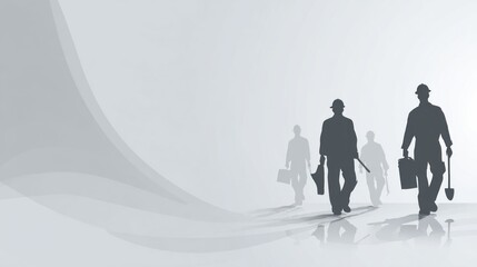 Minimal worker background, simplified silhouettes of workers with tools, clean white and light grey backdrop, subtle gradients, modern flat design, professional corporate advertising style.