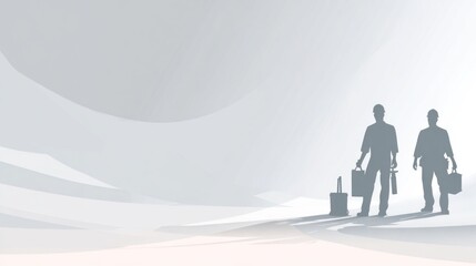 Minimal worker background, simplified silhouettes of workers with tools, clean white and light grey backdrop, subtle gradients, modern flat design, professional corporate advertising style.