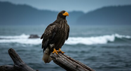 Majestic eagle perched on driftwood overlooking serene ocean landscape
