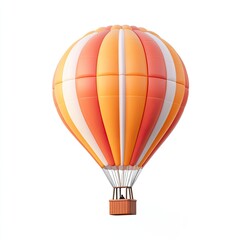 Fototapeta premium A vibrant hot air balloon, orange and white striped, floats against a pure white background. The balloon's design is symmetrical and the basket is dark brown. 3D rendered, detailed