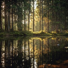 mirror. A tranquil forest scene mirrored in a still lake under golden sunlight filtering through trees. travel magazines, destination branding, designed for outdoor magazines and nature guides.