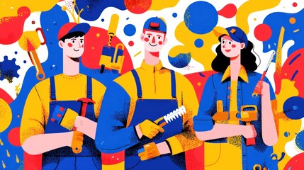 Playful worker background, cheerful workers in colorful uniforms, vibrant cartoon-inspired tools, bold bright color palette of yellow, blue, and red, dynamic abstract shapes, energetic and fun mood, m
