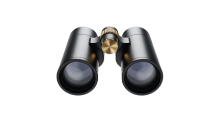 A high-quality product photograph of black binoculars against on a transparent  background.