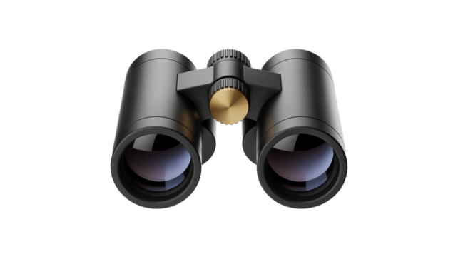 A high-quality product photograph of black binoculars against on a transparent  background.