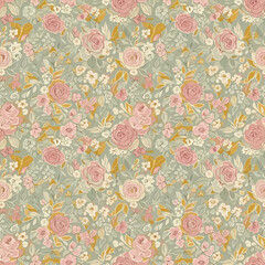 Charming Vintage Floral Pattern with Pink Roses on Green Background. EPS Editable