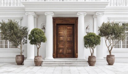 Fototapeta premium Grand white mansion entrance with wooden door and columns