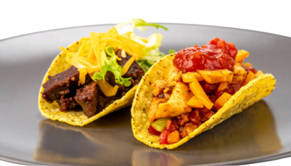 Two taco variations with fresh fillings isolated on transparent background