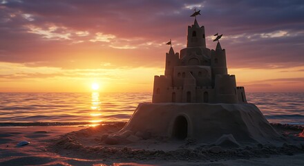 Sand castle at sunset beach scene