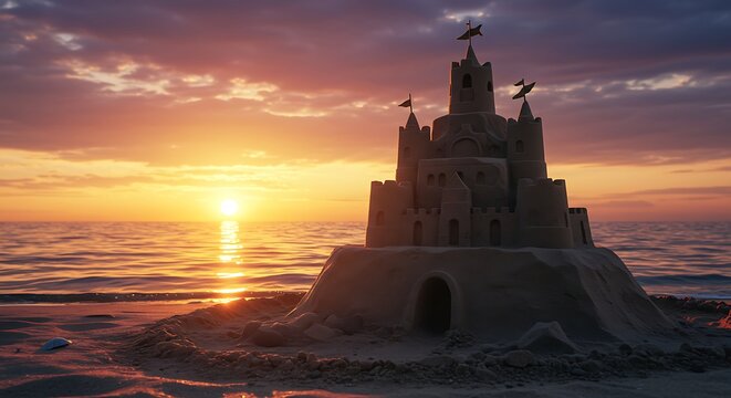 Sand castle at sunset beach scene
