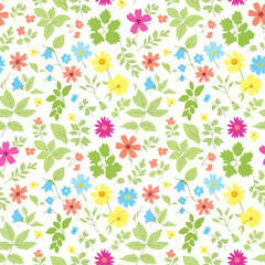 Colorful ditsy floral seamless pattern with small flowers and leaves. EPS Editable