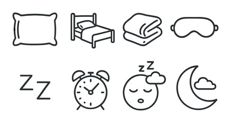 Sleep-related icons: pillow, bed, blanket, mask, z's, clock, sleeping face, moon