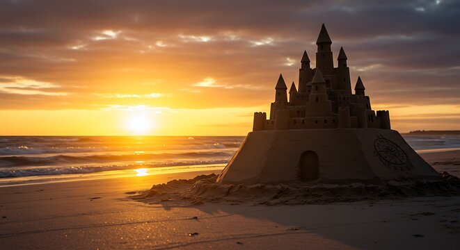 Sandcastle at sunset on beach