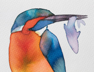 Beautiful watercolor painting of a bird catching fish in vibrant colors