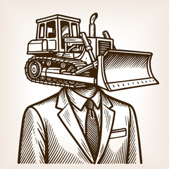 man in a suit with a bulldozer as a head, symbolizing power, authority, unstoppable force sketch engraving generative ai fictional character vector illustration. Scratch board. Black and white image.