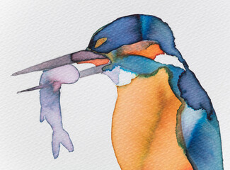 Colorful watercolor painting of a kingfisher catching a fish in a serene natural setting