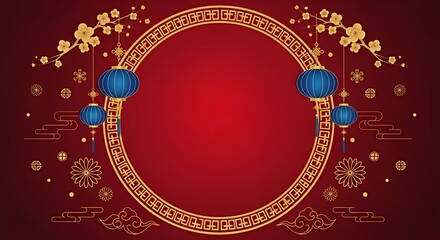 Festive Red Background with Gold Circular Frame and Blue Lanterns for Lunar New Year Celebration