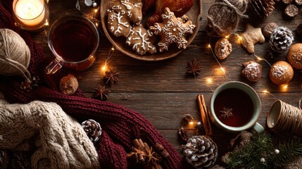 Warm cozy Christmas food background, rustic holiday table, roasted turkey, gingerbread cookies, mulled wine, hot chocolate mugs, wooden table texture, pine cones, cinnamon sticks, star anise.