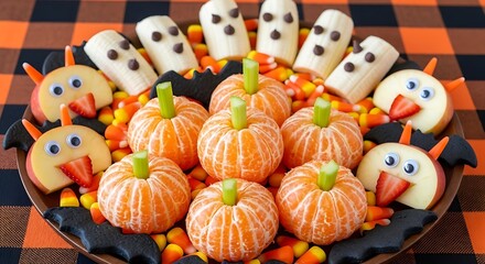 Creative halloween fruit platter with ghost bananas and pumpkin oranges