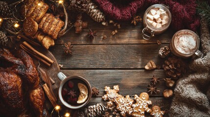Warm cozy Christmas food background, rustic holiday table, roasted turkey, gingerbread cookies, mulled wine, hot chocolate mugs, wooden table texture, pine cones, cinnamon sticks, star anise.