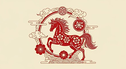 Traditional Red Horse Illustration with Floral and Cloud Elements for Lunar New Year Celebrations