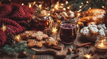 Warm cozy Christmas food background, rustic holiday table, roasted turkey, gingerbread cookies, mulled wine, hot chocolate mugs, wooden table texture, pine cones, cinnamon sticks, star anise.