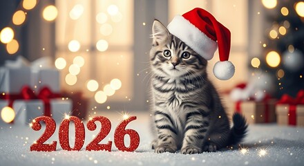 Cute Kitten Wearing Santa Hat Sitting Near 2026 Text in Festive Christmas Scene