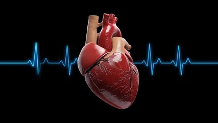 Realistic human heart model with heartbeat line on black background, showcasing anatomy for educational use