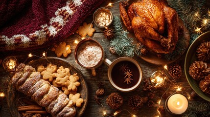 Warm cozy Christmas food background, rustic holiday table, roasted turkey, gingerbread cookies, mulled wine, hot chocolate mugs, wooden table texture, pine cones, cinnamon sticks, star anise.