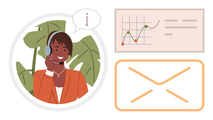 Customer service agent communicates using a headset while analyzing a graph and email notifications. Ideal for customer support, communication, email marketing, business management, analytics, remote