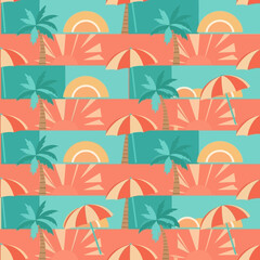 Obraz premium Seamless Summer Beach Pattern with Palm Trees and Umbrellas. EPS Editable