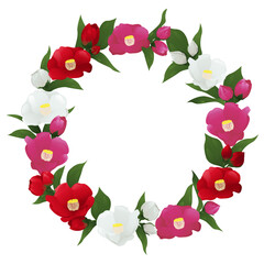 Wreath Camellia (Tsubaki) flower with green leaves
