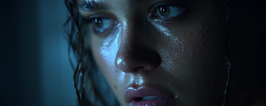 Fearful woman with alien tentacle moving over face, dark sci-fi suspense loop