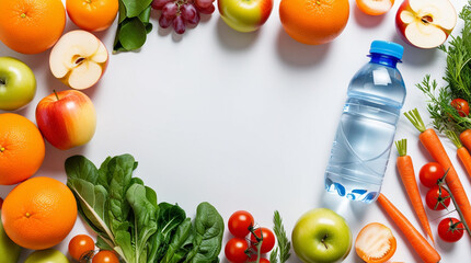 Fresh fruits, vegetables, and a water bottle arranged neatly on a white background, symbolizing diabetes prevention and healthy living.