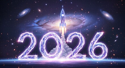 Futuristic Rocket Launch in Space with Illuminated Year 2026 and Galaxy Background