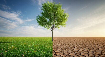 A lone green tree stands in a lush field, contrasting a dry, cracked desert landscape - a striking representation of environmental extremes and the fragility of our planet.