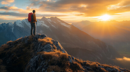 Hiker standing on mountain peak at sunrise