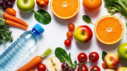 Fresh fruits, vegetables, and a water bottle arranged neatly on a white background, symbolizing diabetes prevention and healthy living.