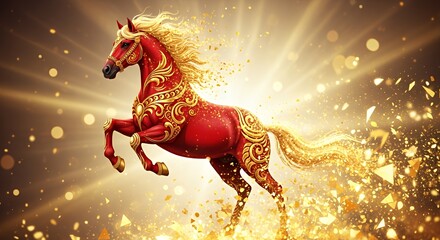 Vibrant Red Ornate Horse with Gold Detailing in Dynamic Jumping Pose Surrounded by Sparkling Gold Light and Particles